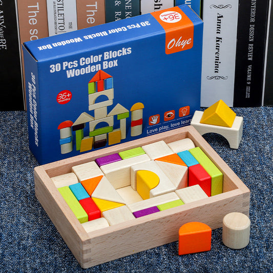 Children's Montessori wooden box packed building blocks, shape recognition, creativity, assembly thinking, exercise, color recognition, early education, interactive wooden toys