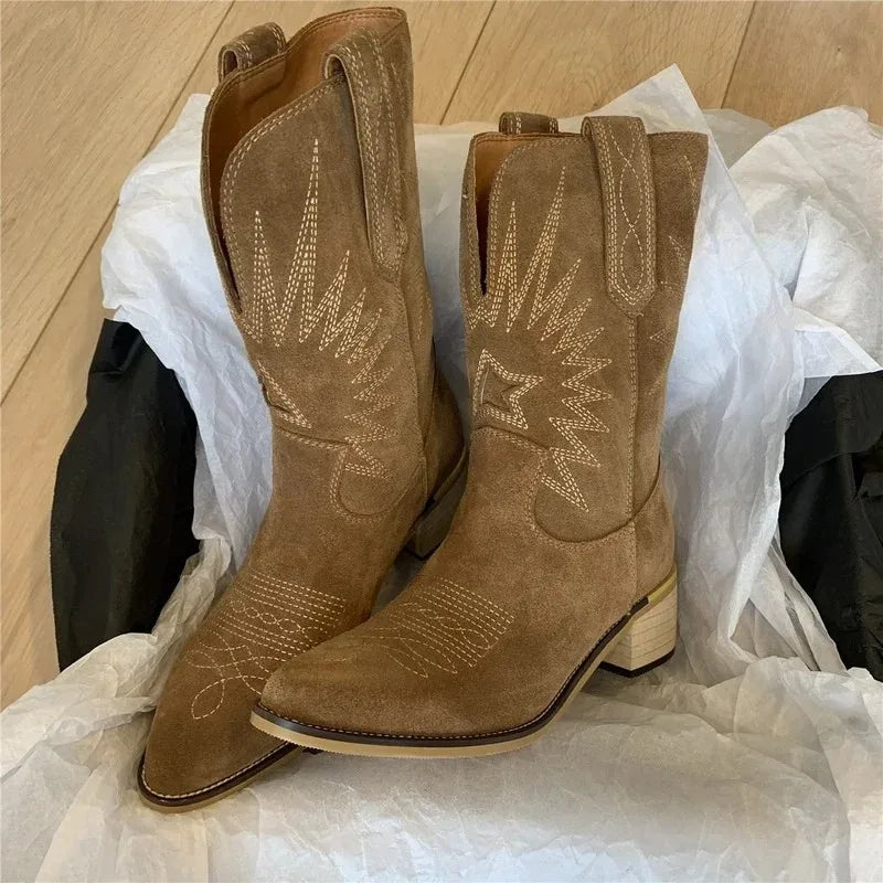 Women's Suede Embroidered Western Cowboy Ranch Boots