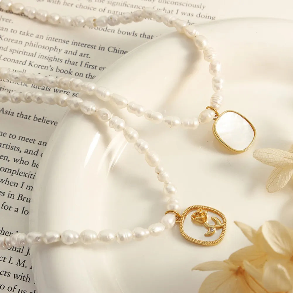Women's French Baroque Freshwater Pearl Cabochon Rose Oval Pendant