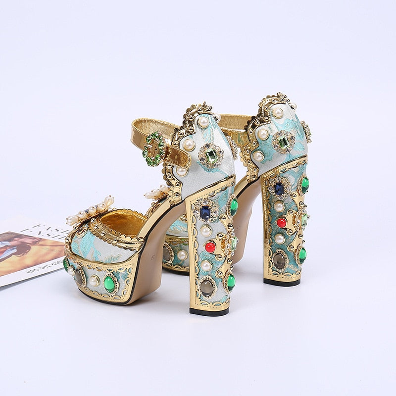 Women's Open Toe Gold-Tone Baroque-Esque Jeweled Decorative Leather Platform Shoes Sandals Heels