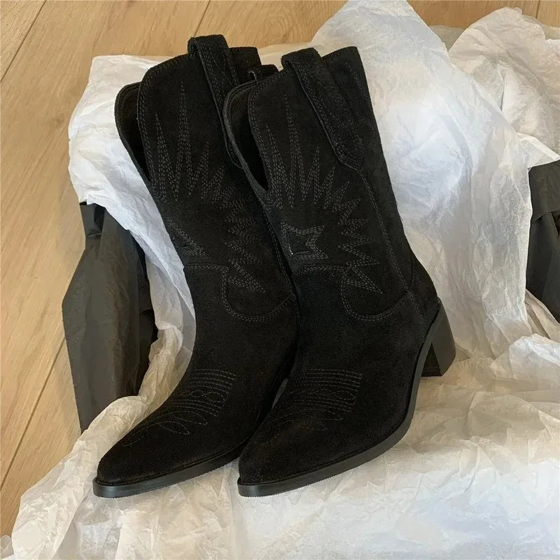 Women's Suede Embroidered Western Cowboy Ranch Boots