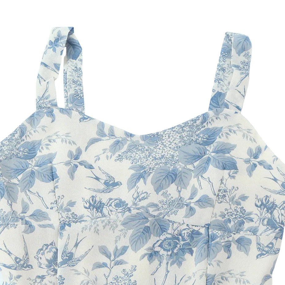 Women's Sleeveless Floral Toile Print Fitted Ruffle Hem Dress