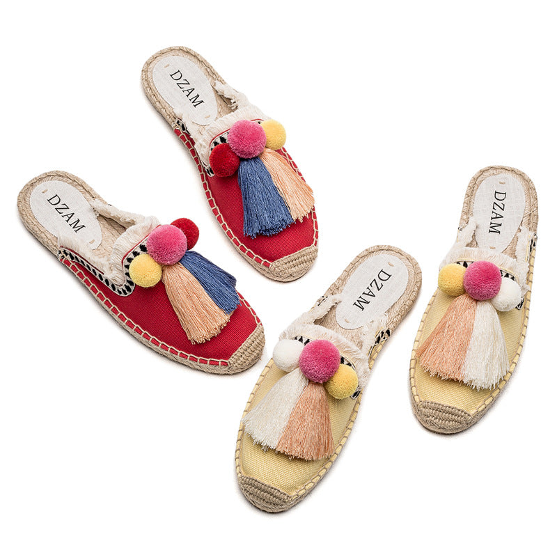 Women's Cute Embroidered Slip-On Open Heel Espadrilles/Shoes with Tassel Embellishment