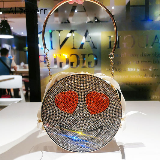 Women's Mini Circular Happy or Sad Rhinestone Dinner Purse And Handbag -  5lky8fttmq