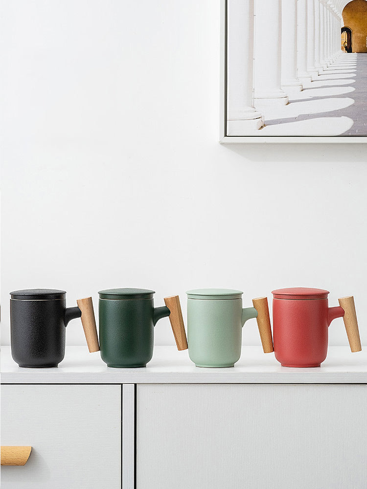Ceramic Tea Cup with Lid and Wooden Handle