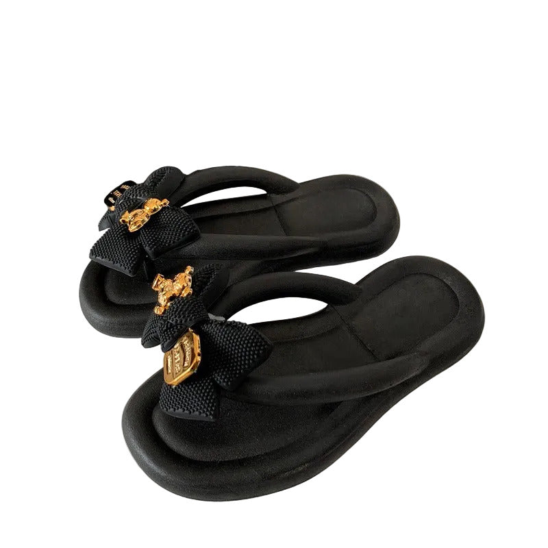 Women's Super Cute Thick Soled Thongs/Flip Flop Style Sandals with Mesh Bow & Gold-Tone Metal Buckle Toe Clip Detail Accent