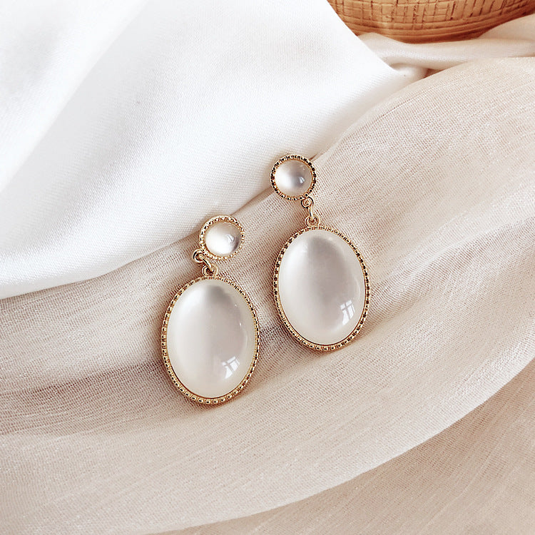 Women's Sterling Silver S925 White Opal Moonlight Cat's Eye Retro Dangle Earrings