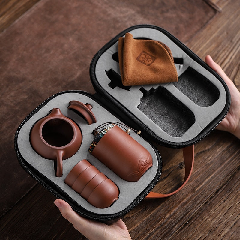 Set of four (4) Dark Sand/Brown Ceramic Tea Cups & Portable Travel Teapot Set in Carry Case