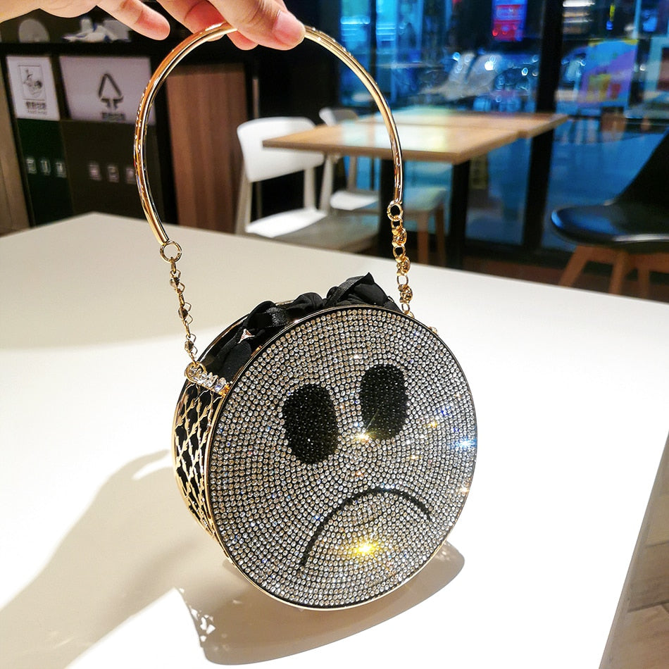 Women's Mini Circular Happy or Sad Rhinestone Dinner Purse And Handbag -  5lky8fttmq