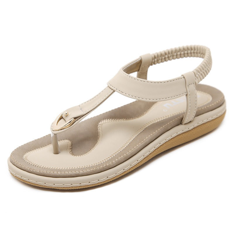 Women's Thong Style Sandals with Gold Buckle Detail & Elastic Ankle Strap