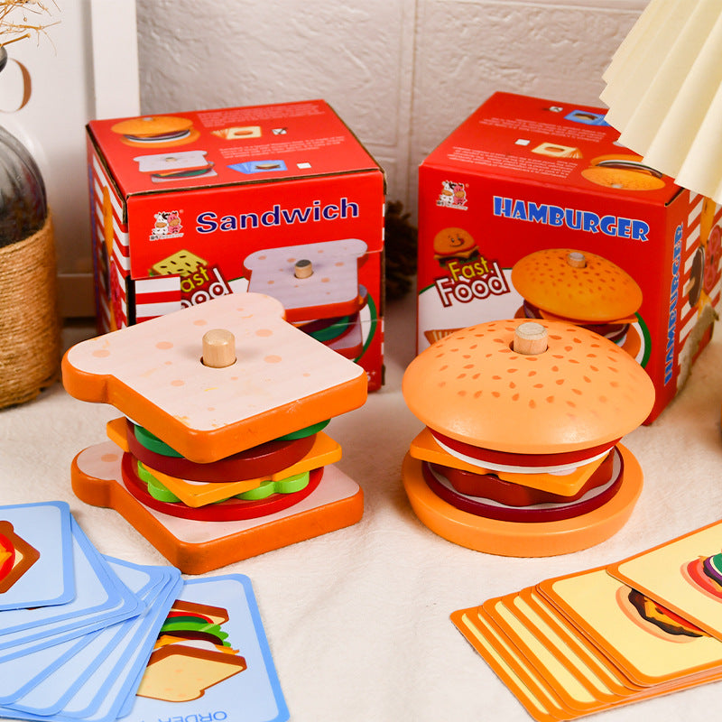 Children's Wooden Pillar Stacking Burger or Sandwich Educational Toy Set