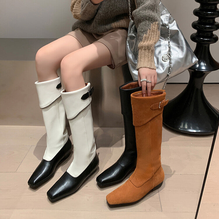 Women's Genuine Leather Tall Boots with Buckle Detail