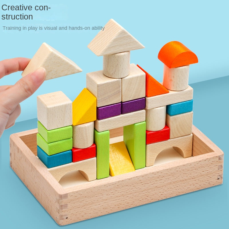 Children's Montessori wooden box packed building blocks, shape recognition, creativity, assembly thinking, exercise, color recognition, early education, interactive wooden toys