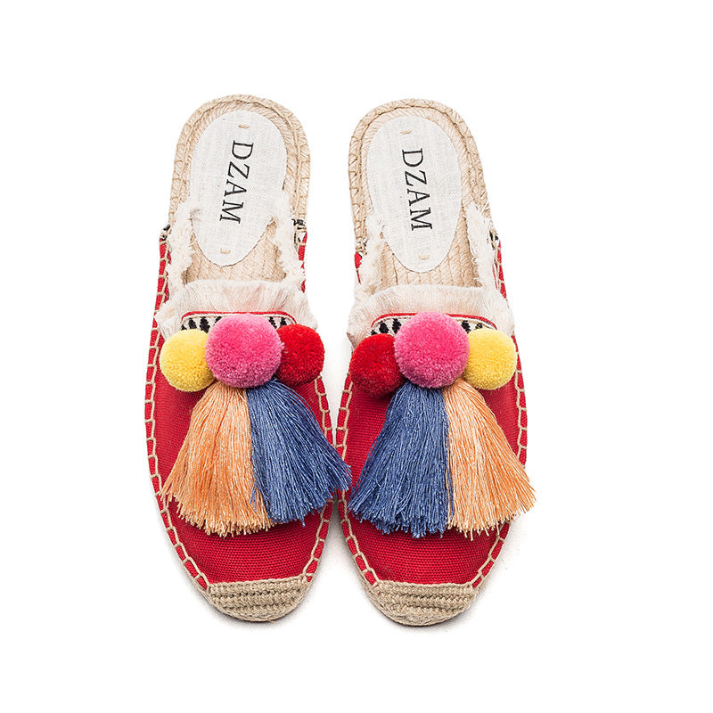 Women's Cute Embroidered Slip-On Open Heel Espadrilles/Shoes with Tassel Embellishment