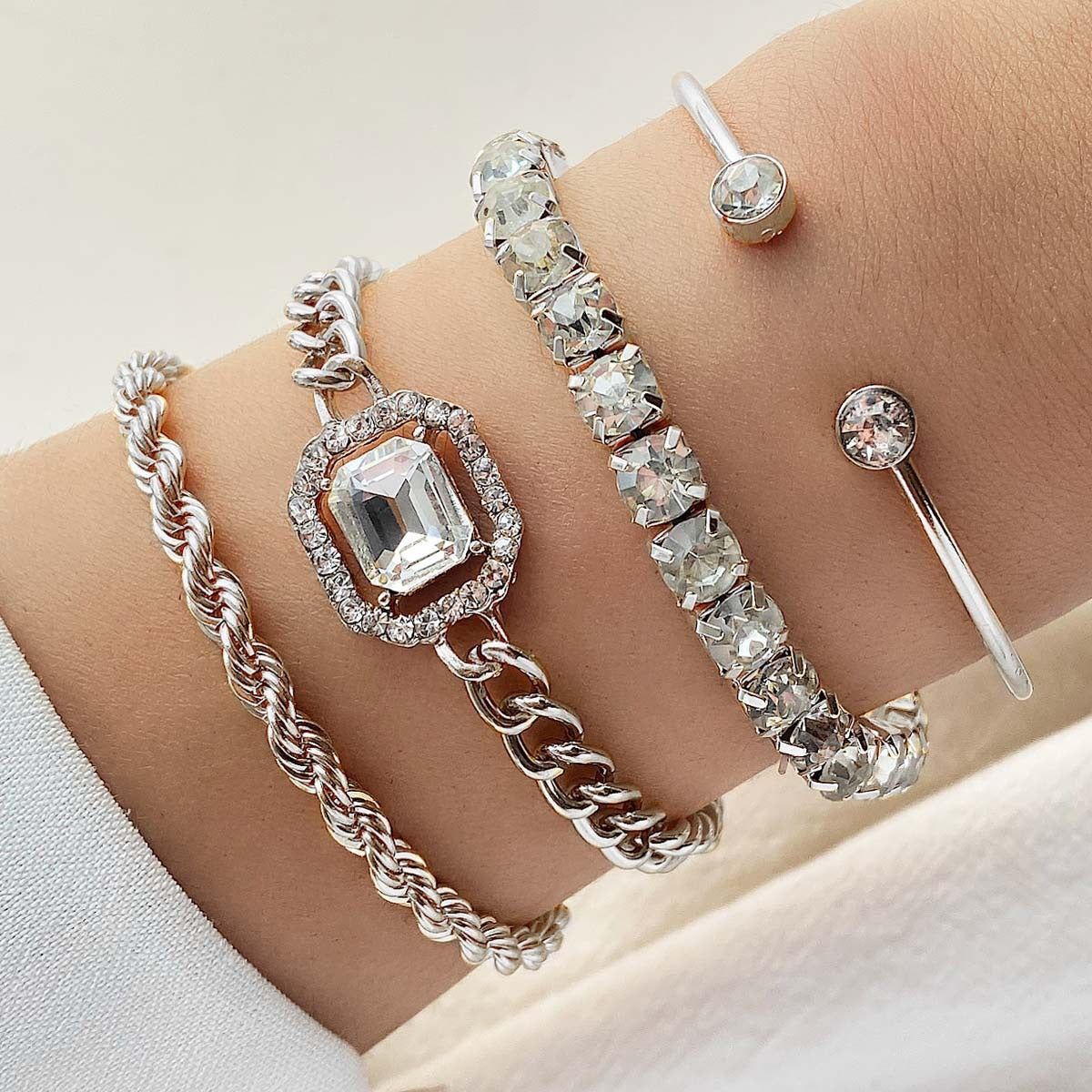 Women's Set of 4 Gold Tone or Silver Tone Rhinestone Bracelet Set