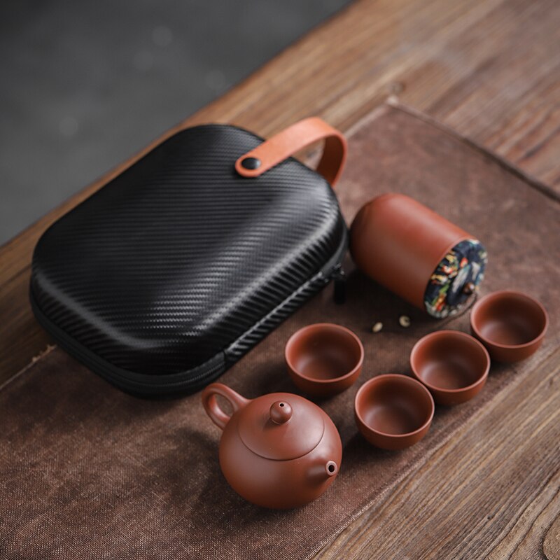 Set of four (4) Dark Sand/Brown Ceramic Tea Cups & Portable Travel Teapot Set in Carry Case