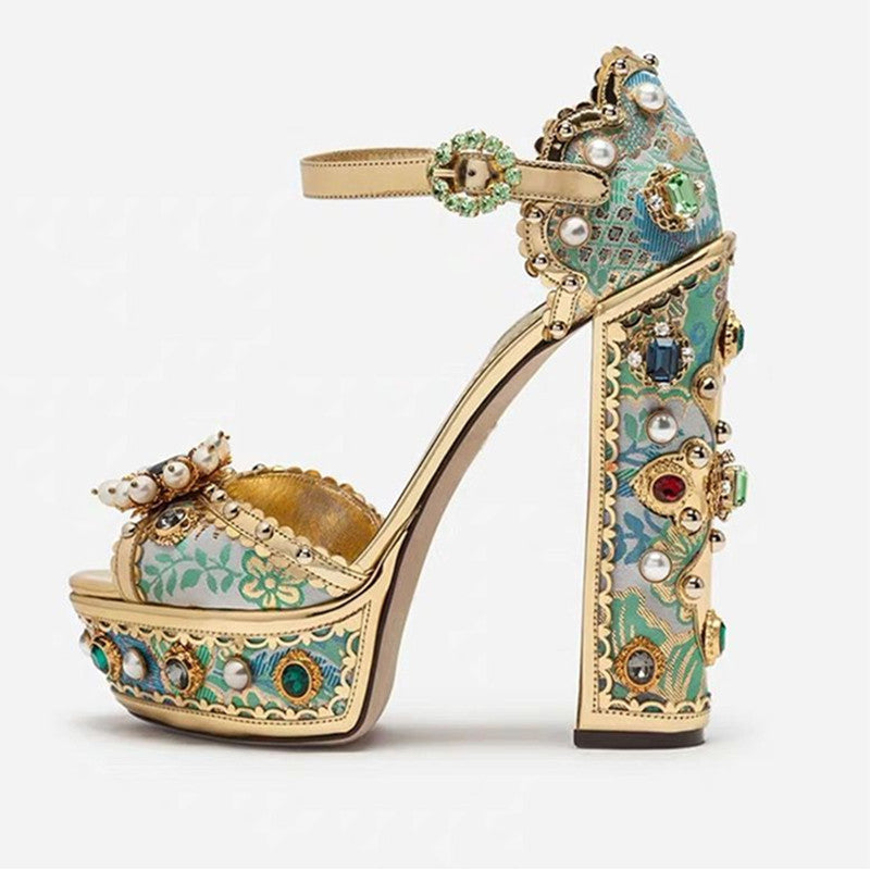 Women's Open Toe Gold-Tone Baroque-Esque Jeweled Decorative Jacquard Platform Shoes Sandals Heels