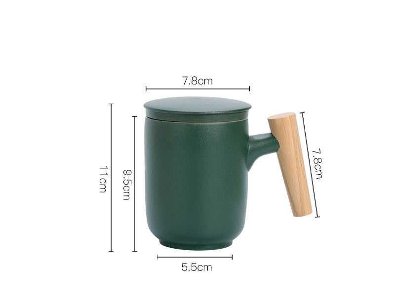 Ceramic Tea Cup with Lid and Wooden Handle