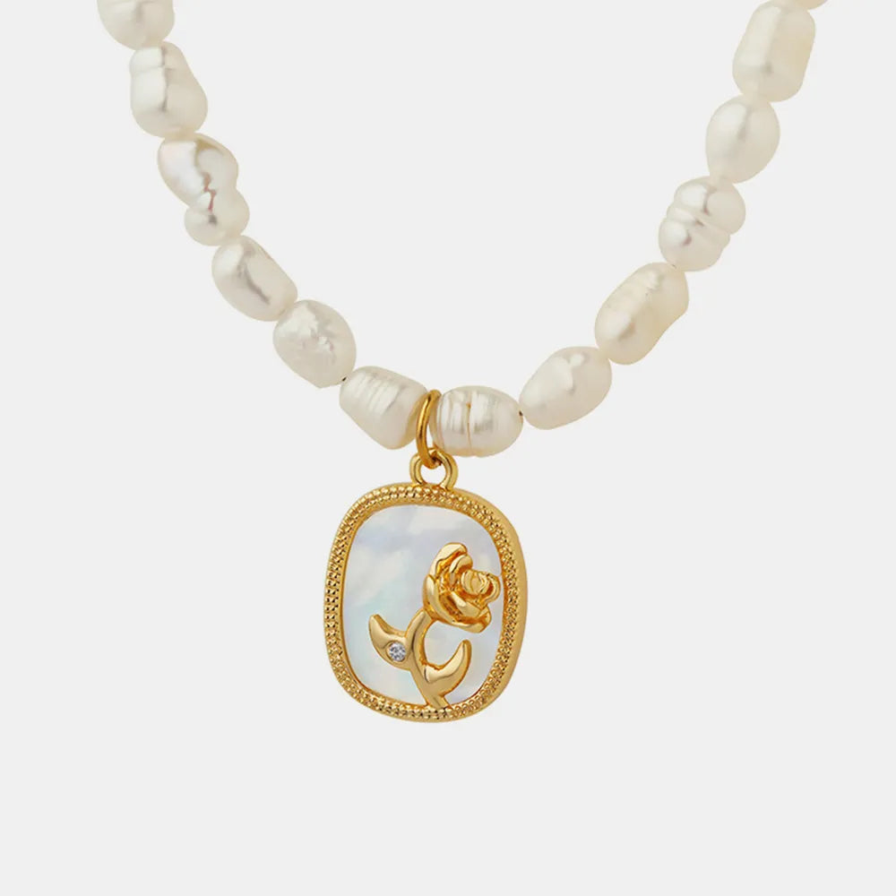 Women's French Baroque Freshwater Pearl Cabochon Rose Oval Pendant