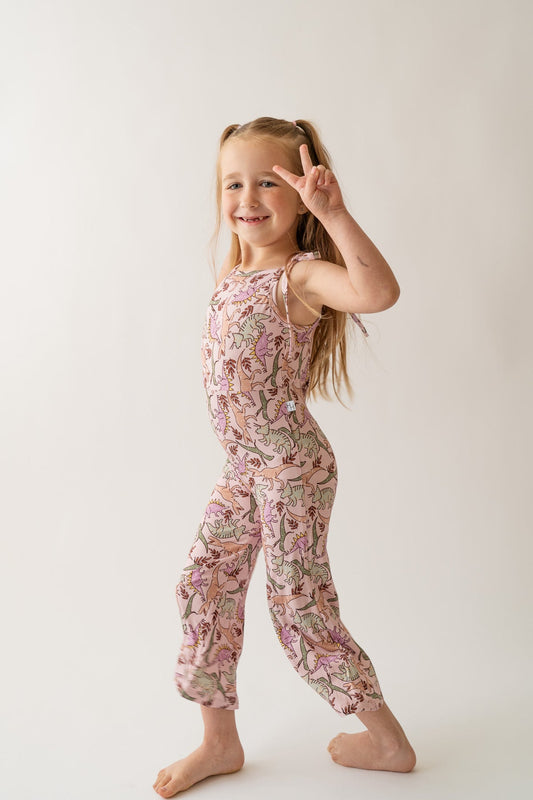 Girl's Pink Dinosaur Print Bamboo & Viscose Tie Straps Bell Romper