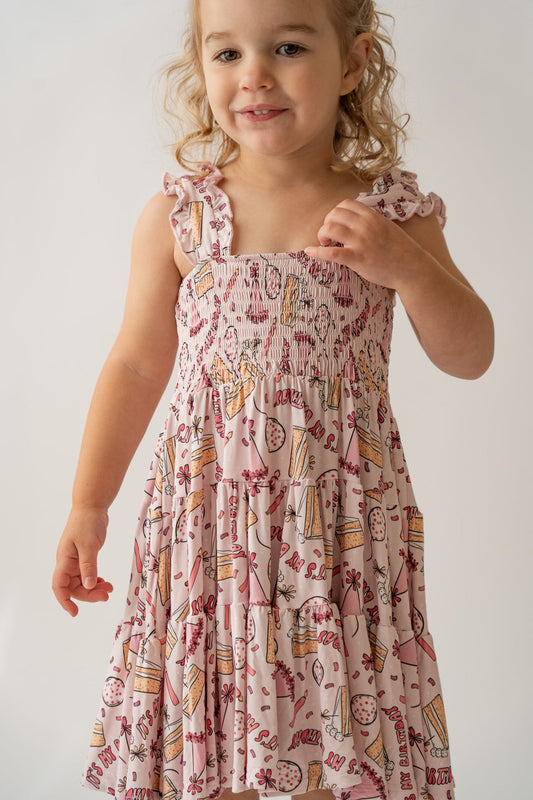 Girl's Birthday Print A-Line Shirred Dress