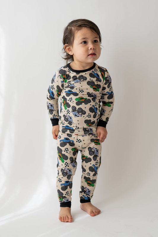Boy's Bamboo Monster Truck Print 2-piece PJ Set
