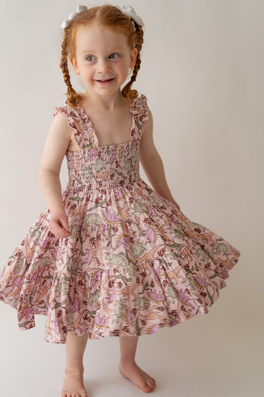 Girl's Shirred Pink Bamboo Blend Dino Print A-Line Dress
