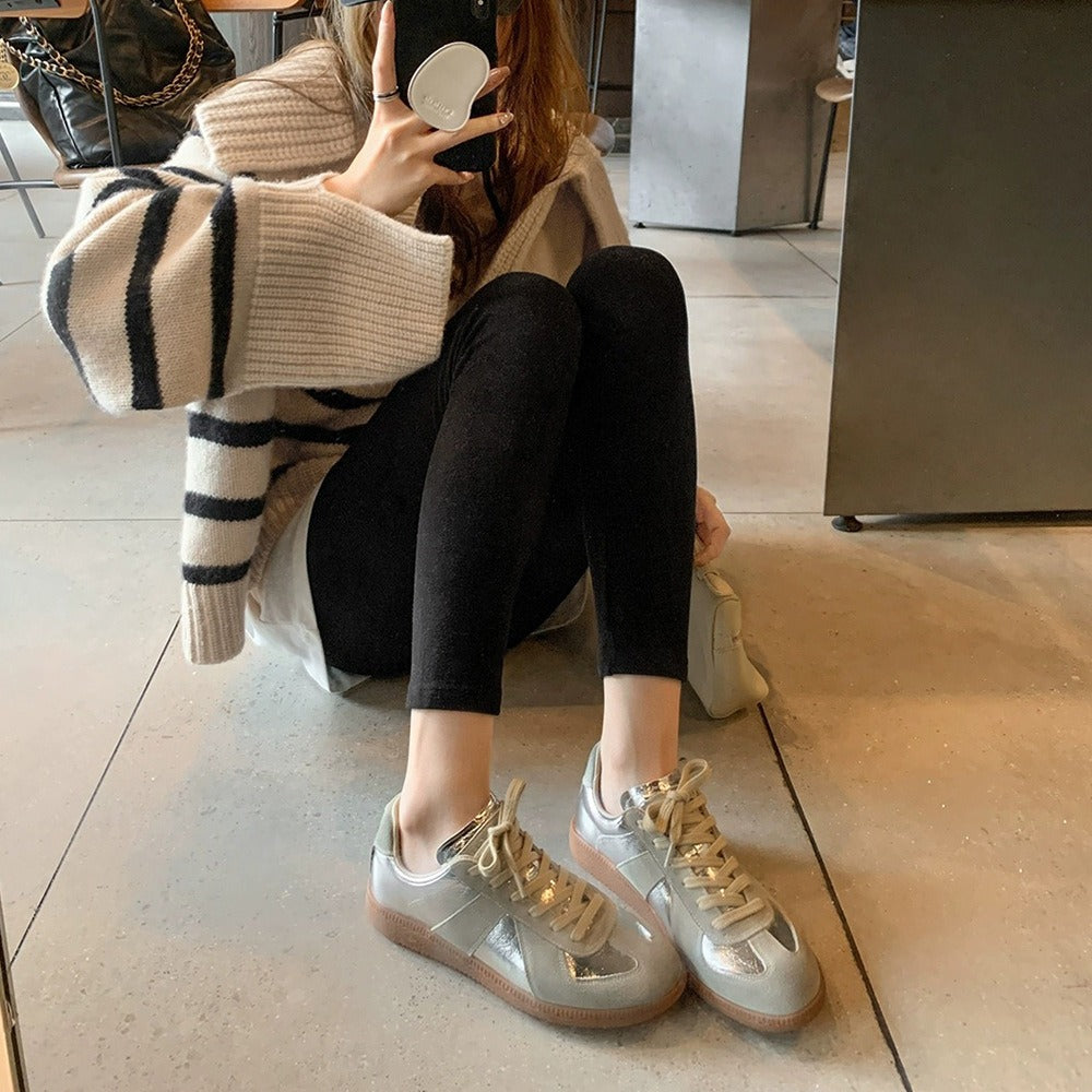 Women's Genuine Leather Metallic Silver Retro Athletic Shoes Sneakers with Stripe Detailing