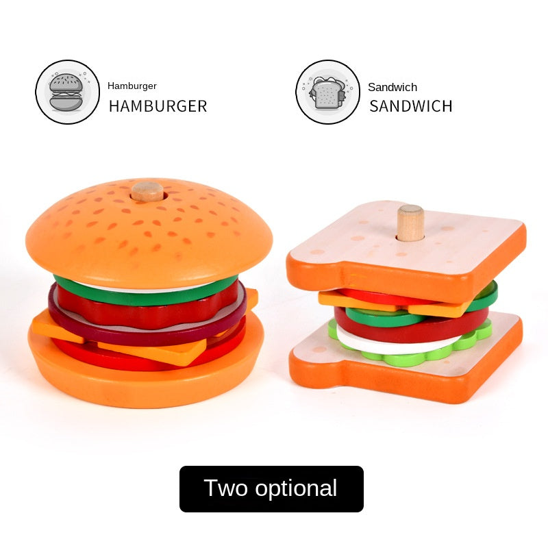Children's Wooden Pillar Stacking Burger or Sandwich Educational Toy Set