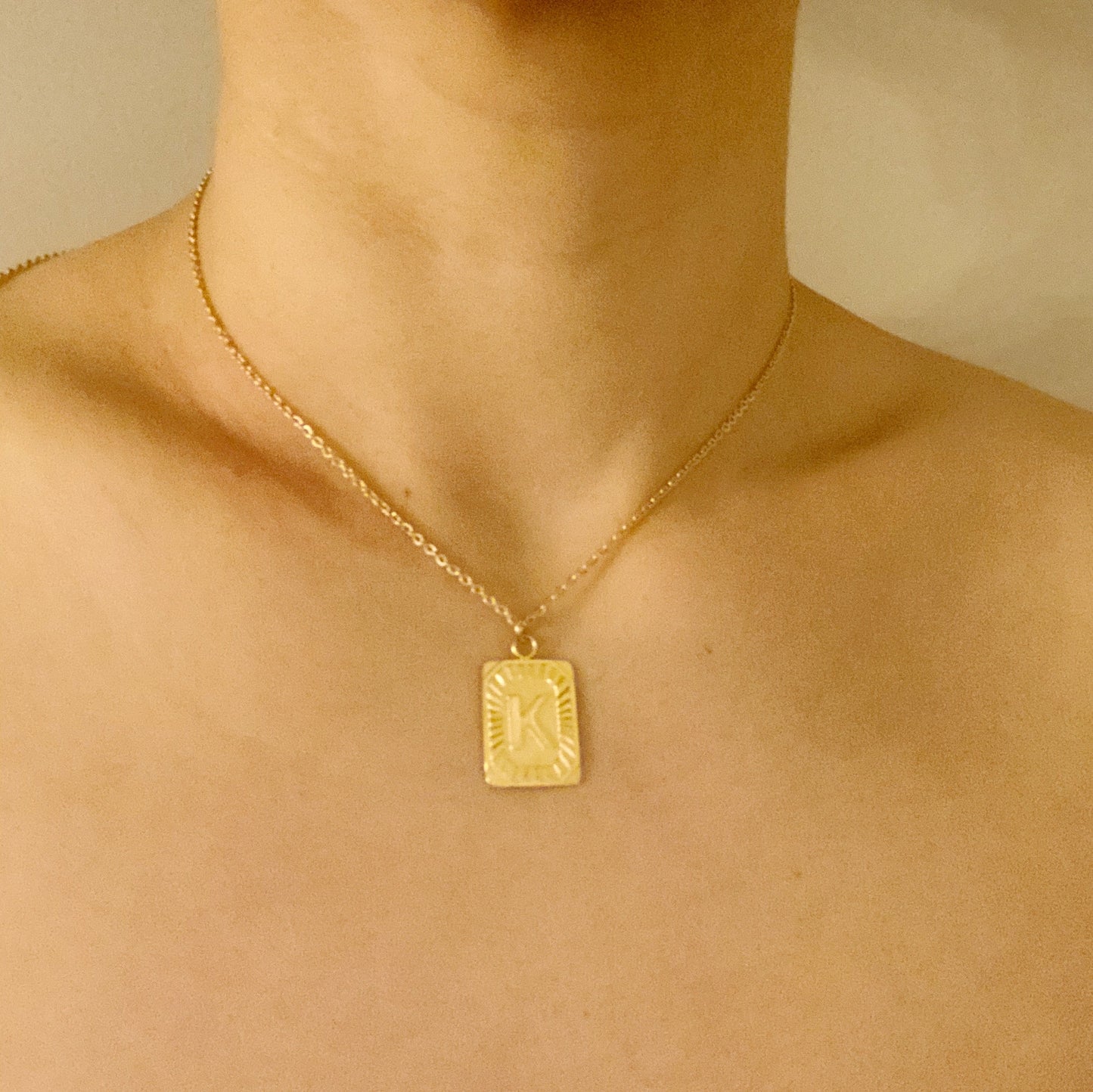 Trendy gold bar inspired Aztec style initial charm with pretty chain - Art Deco Initial Necklace