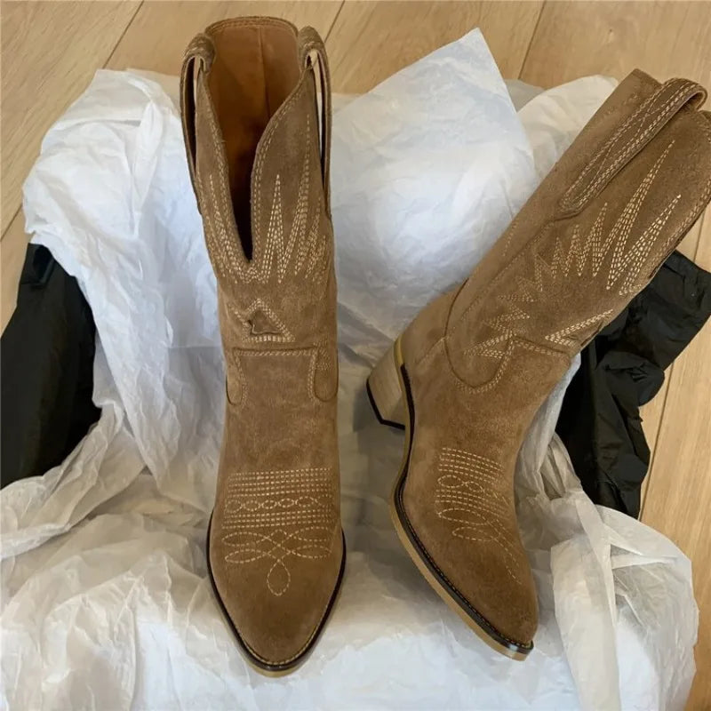 Women's Suede Embroidered Western Cowboy Ranch Boots