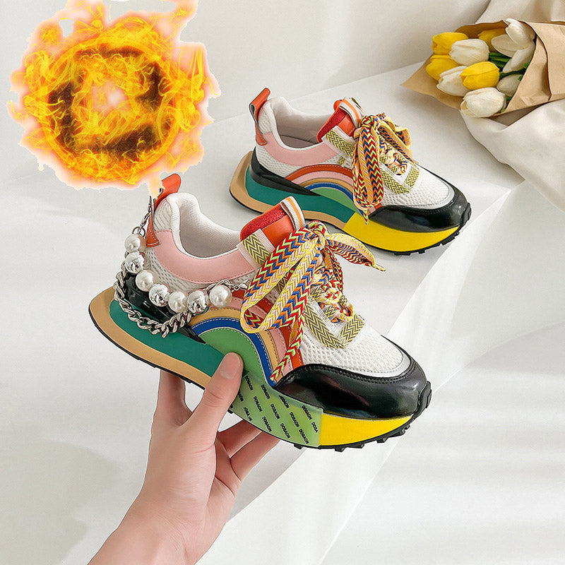 Women's Genuine Leather Decorative Embellished Thick Soled Athletic Shoes
