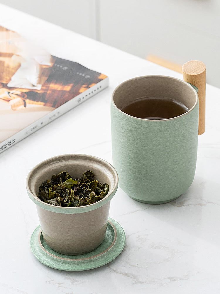 Ceramic Tea Cup with Lid and Wooden Handle