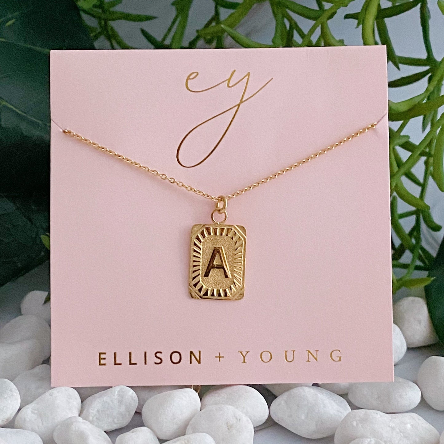 Trendy gold bar inspired Aztec style initial charm with pretty chain - Art Deco Initial Necklace