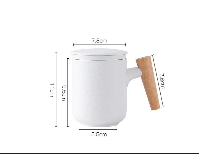 Ceramic Tea Cup with Lid and Wooden Handle