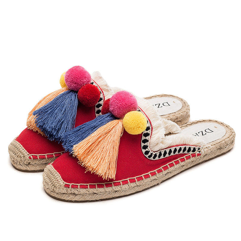Women's Cute Embroidered Slip-On Open Heel Espadrilles/Shoes with Tassel Embellishment