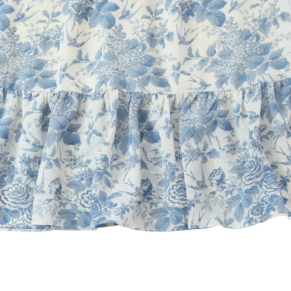 Women's Sleeveless Floral Toile Print Fitted Ruffle Hem Dress
