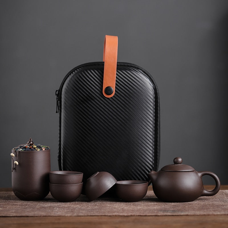 Set of four (4) Dark Sand/Brown Ceramic Tea Cups & Portable Travel Teapot Set in Carry Case