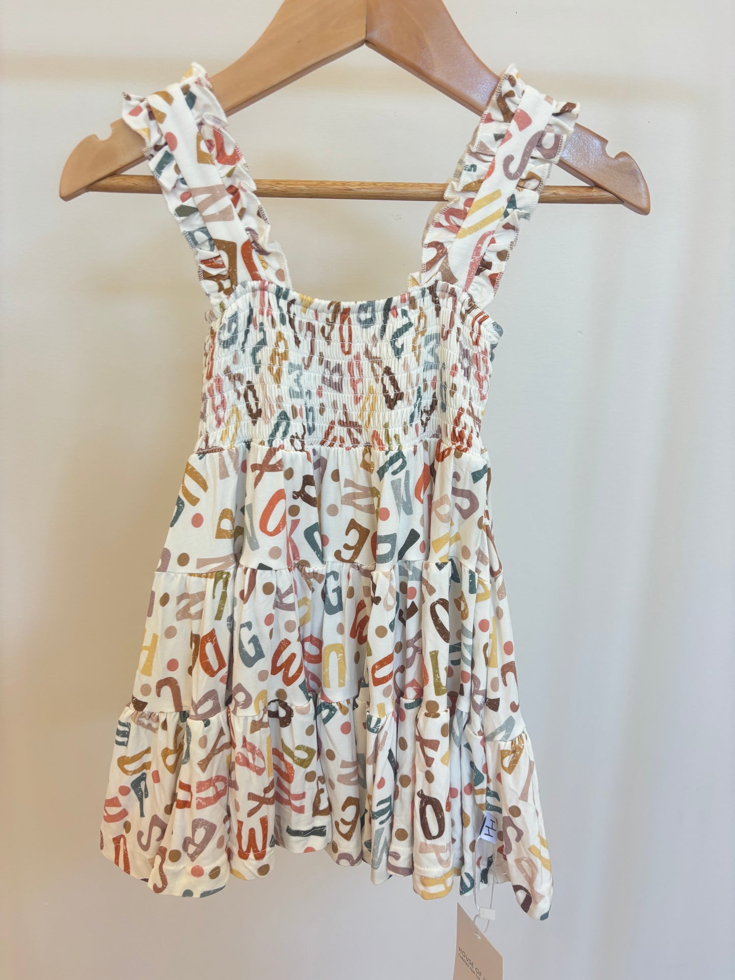 Girls Alphabet Print Shirred Bamboo, Viscose & Spandex Dress