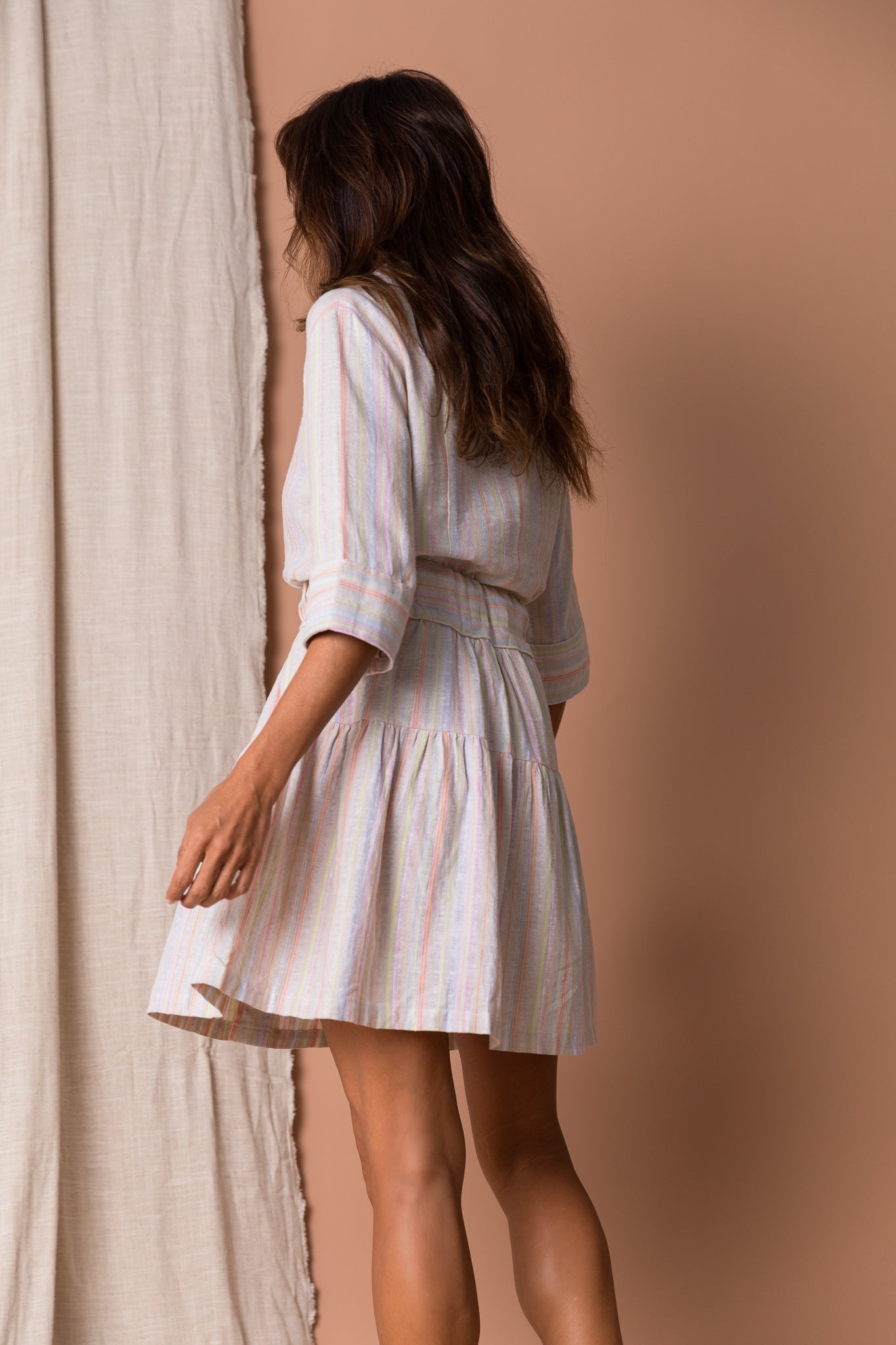 Effortless, versatile, Mini Short Jodi Shirt Dress in 3/4 Length Striped Linen