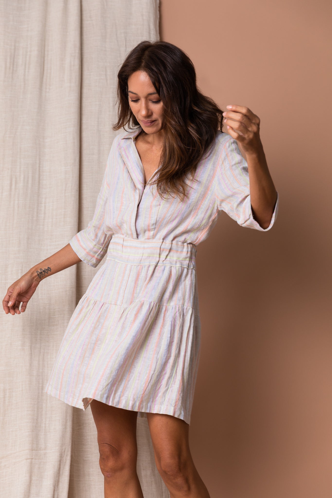 Effortless, versatile, Mini Short Jodi Shirt Dress in 3/4 Length Striped Linen