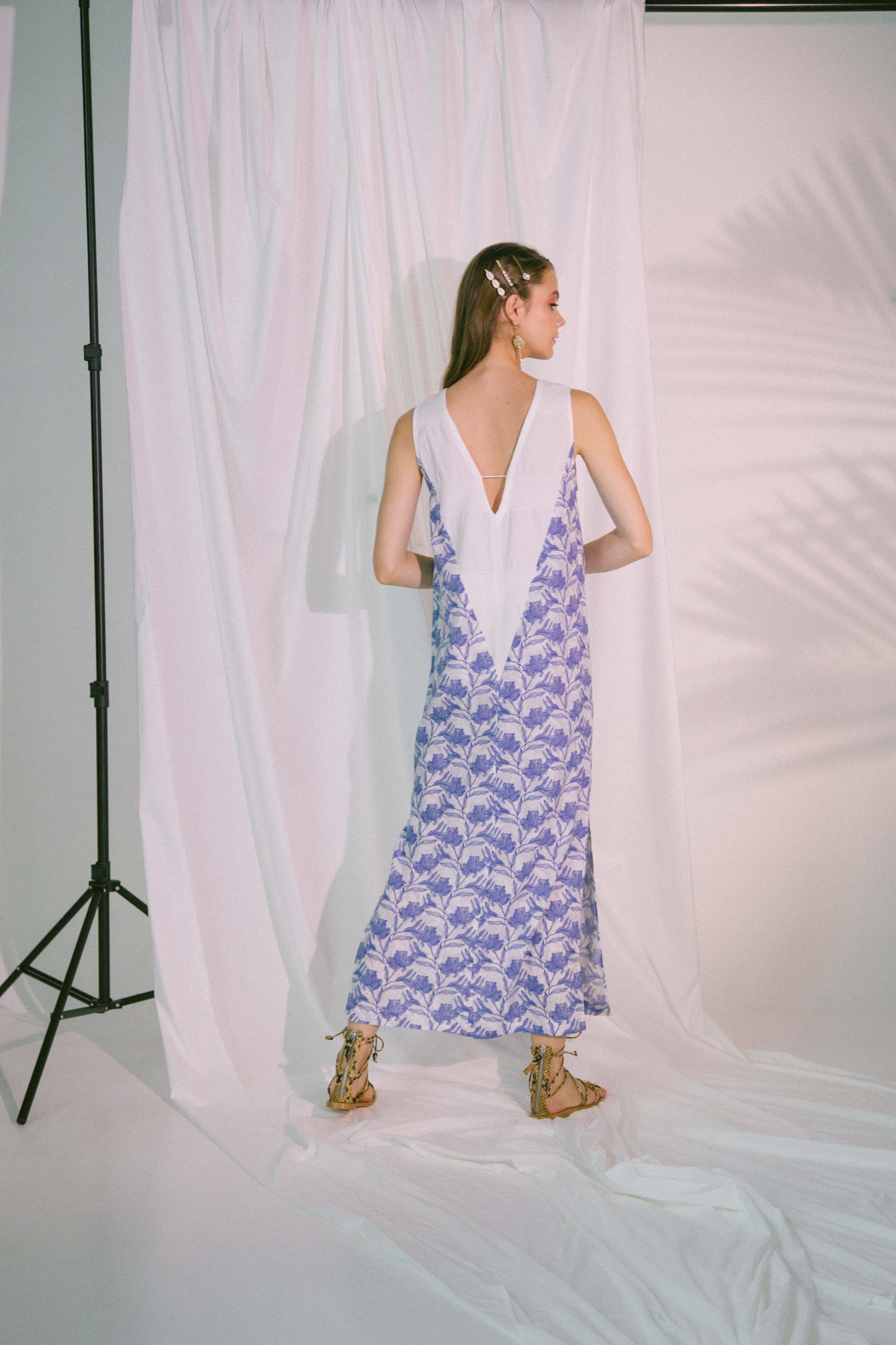 V-Neck Two Tone Beach Maxi Dress in Blue Biro Toile Pattern