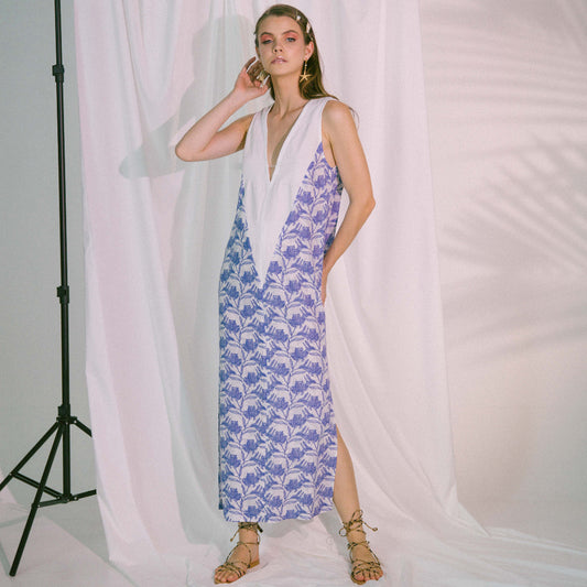 V-Neck Two Tone Beach Maxi Dress in Blue Biro Toile Pattern
