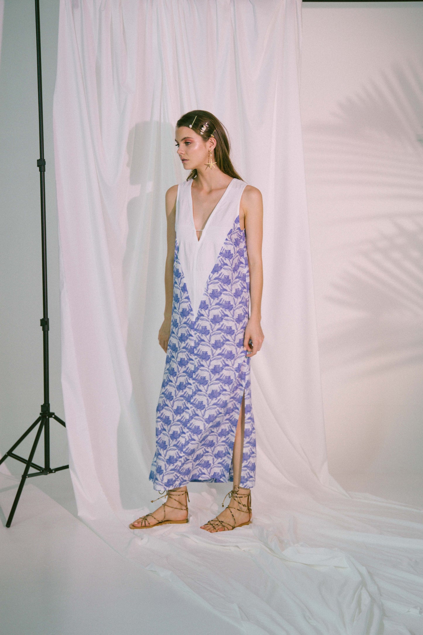 V-Neck Two Tone Beach Maxi Dress in Blue Biro Toile Pattern