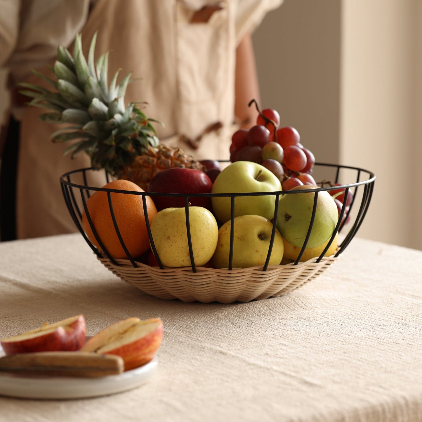 Cabo Rattan Fruit Basket w/Black Coated Iron Trim