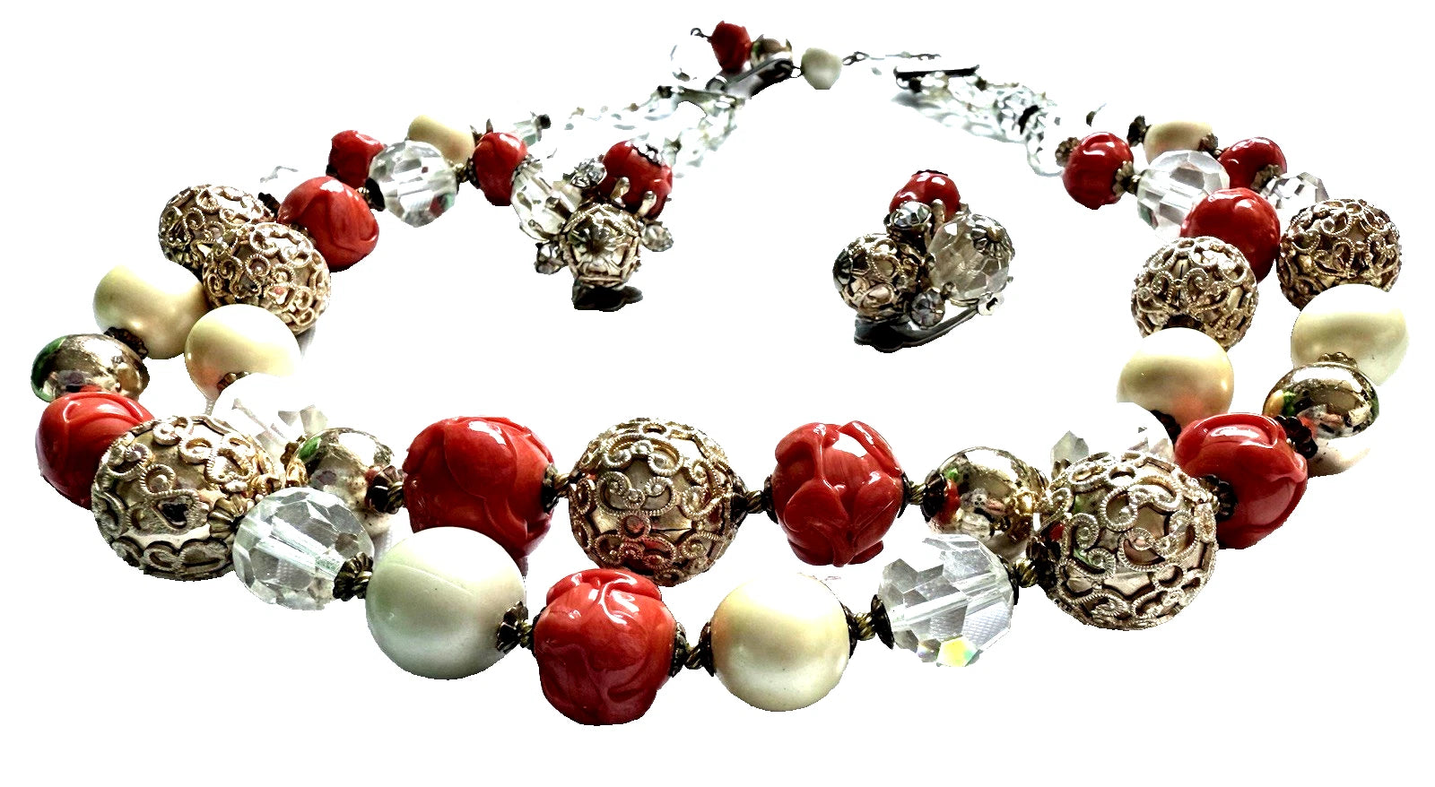 Vintage 50s Mad Men Statement Doubled Strand Necklace &amp; Earrings Signed Vogue