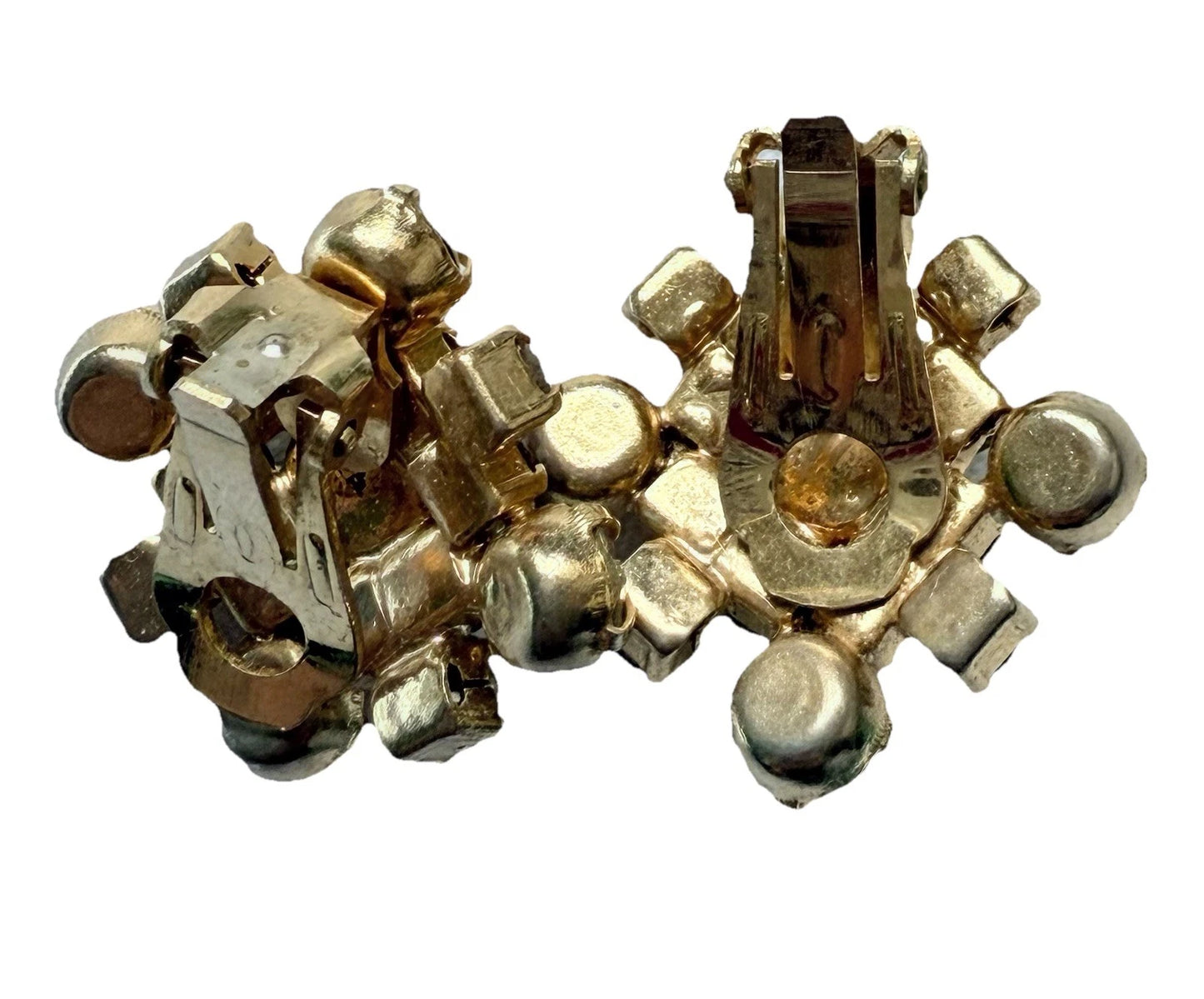 Prong Set Gold Tone 50s Mad Men Vintage Aurora Borealis Clip Statement Earrings