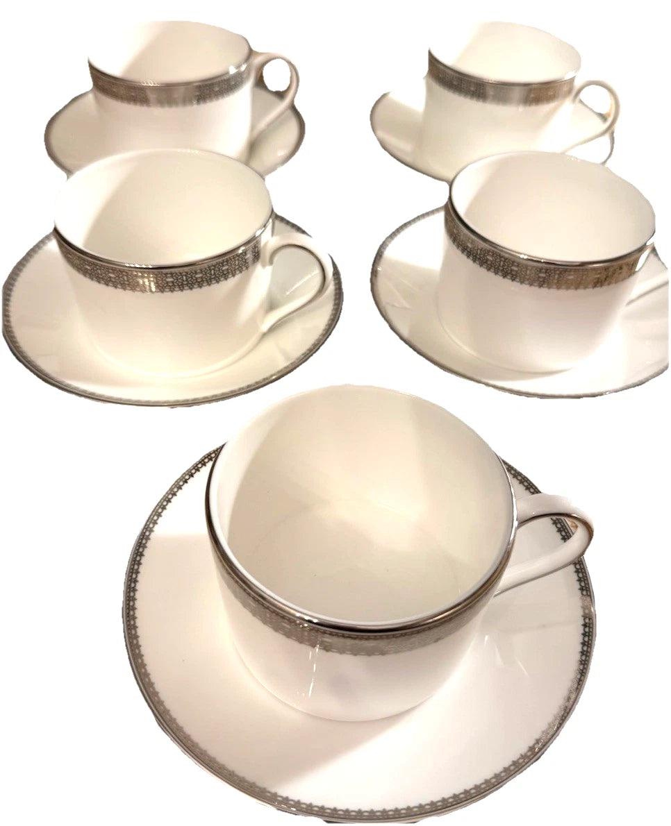 Lot Of 5 Vera Wang Vera Lace by Wedgwood Bone China Platinum Cup Saucer Set