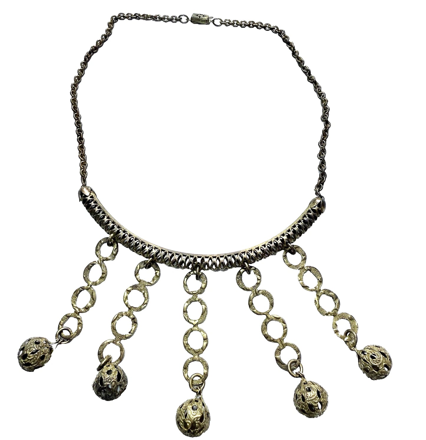 Unique Antique Vintage 1930s Art Deco Etched Brass Festoon Style Choker Necklace