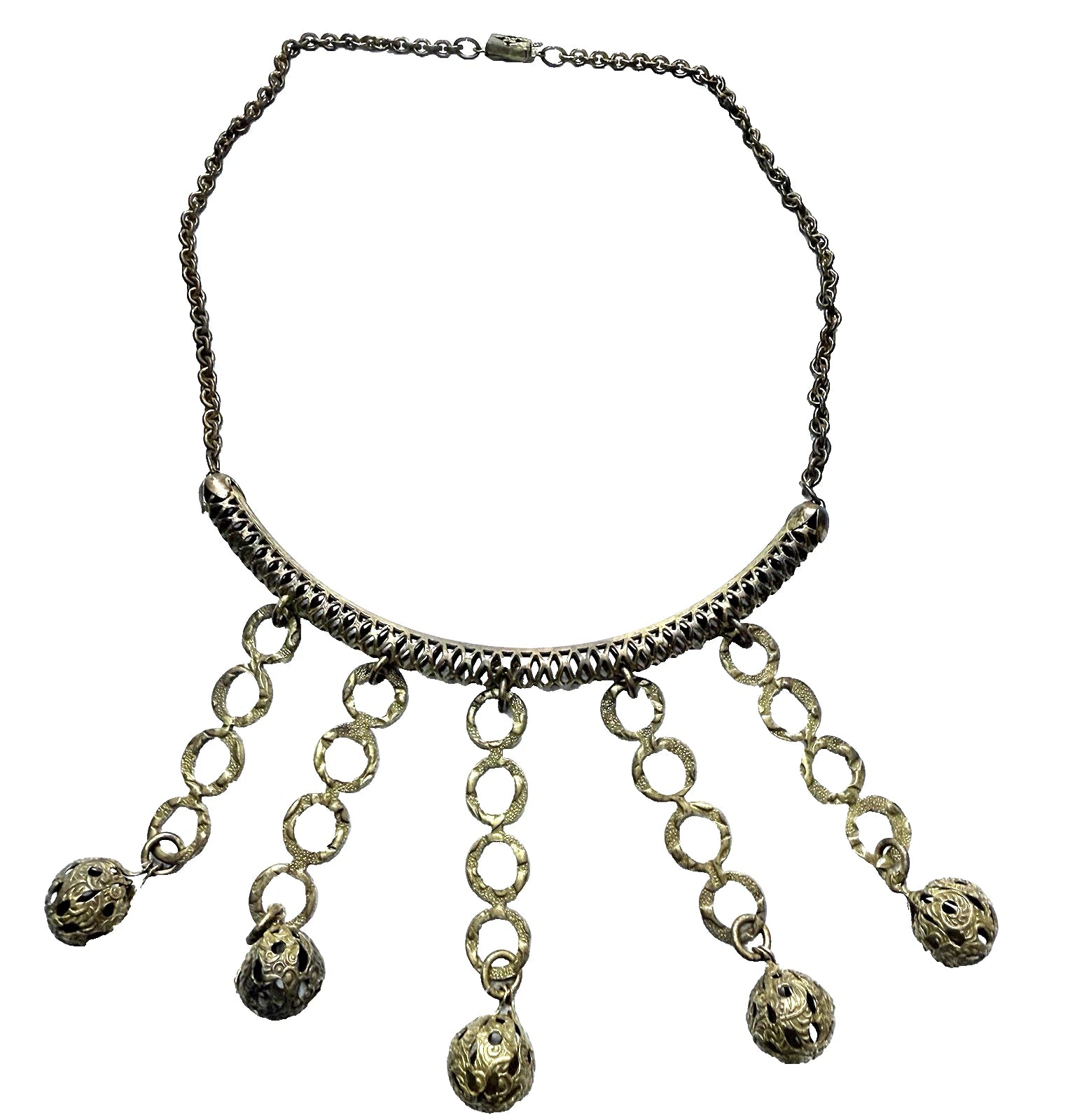 Unique Antique Vintage 1930s Art Deco Etched Brass Festoon Style Choker Necklace